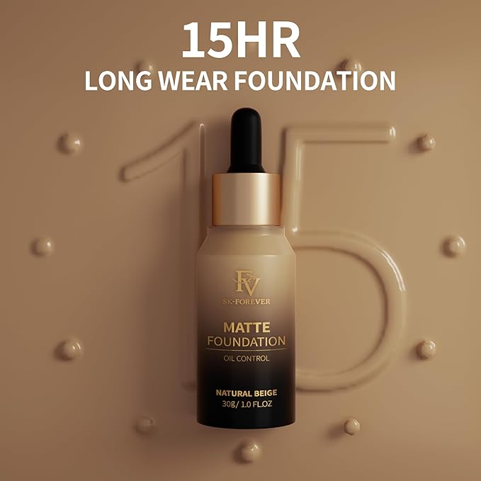 FV Full Coverage Liquid Foundation Makeup, Long Lasting Matte Foundation with Flawless Finish, Concealing & Minimizing Pores, Oil Control Waterproof for Oily Combination Skin, 1 Fl. Oz (Natural Beige)-VivaGrace Women