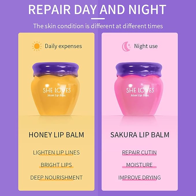Lip Mask Overnight Lip Sleeping Masks Honey Lip Balm, Fade Lip Lines Bee Lip Balm Honey & Sakura Day and Night Repair Lip Sleeping Masks Honey Lip Balm (Sakura (Night))-VivaGrace Women
