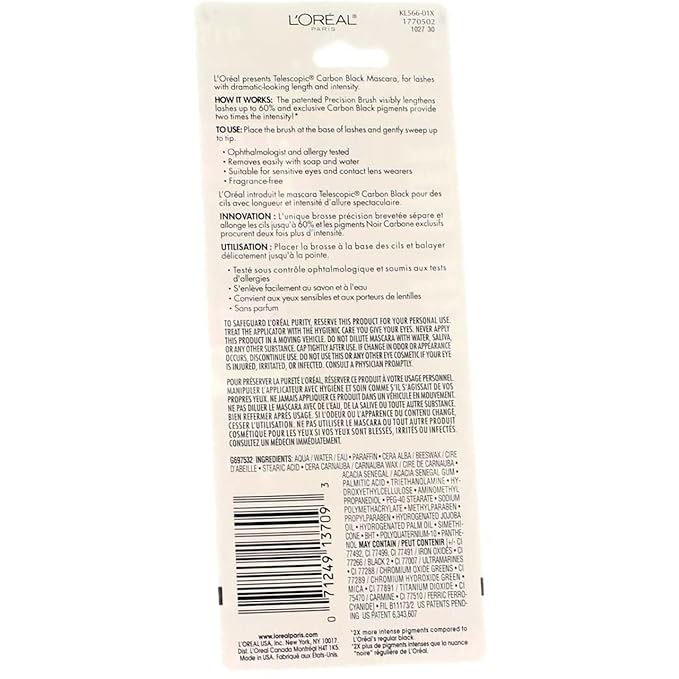 L'Oreal Paris Telescopic Mascara, Carbon Black [935] 0.27 oz (Pack of 12)