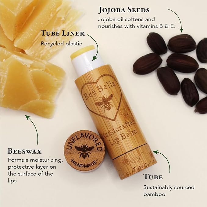 Bee Bella Lip Balm, Unscented (Unflavored), 3 Pack - Hydrating, Moisturizing Lip Care, 100% Natural, Original Organic Beeswax with Vitamin E, Handmade in USA-VivaGrace Women