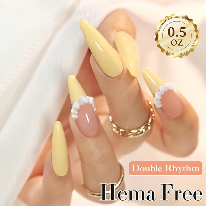 Double Rhythm 0.50 OZ Gel Polish Hema Free Same Color Same Bottle Golden Round Translucent Neutral Natural Milky 15 ML Jelly UV Polish Art DIY at Home (Cream Yellow-C1064)