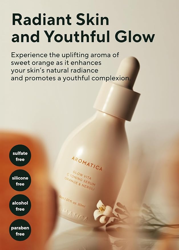 AROMATICA Glow Vita C Toning Serum Orange & Neroli 30ml/1.01 fl. oz - Orange Vitamin C Serum for Face with Hyaluronic Acid For Sensitive Skin-VivaGrace Women