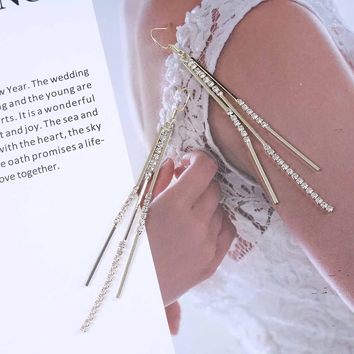 Vintage Crystal Tassel Earrings Rhinestone Bar Drop Earrings Long Rhinestone Chain Earrings Gold Cz Bar Hook Earrings Sparkle Tennis Chain Earrings Jewelry for Women-VivaGrace Women