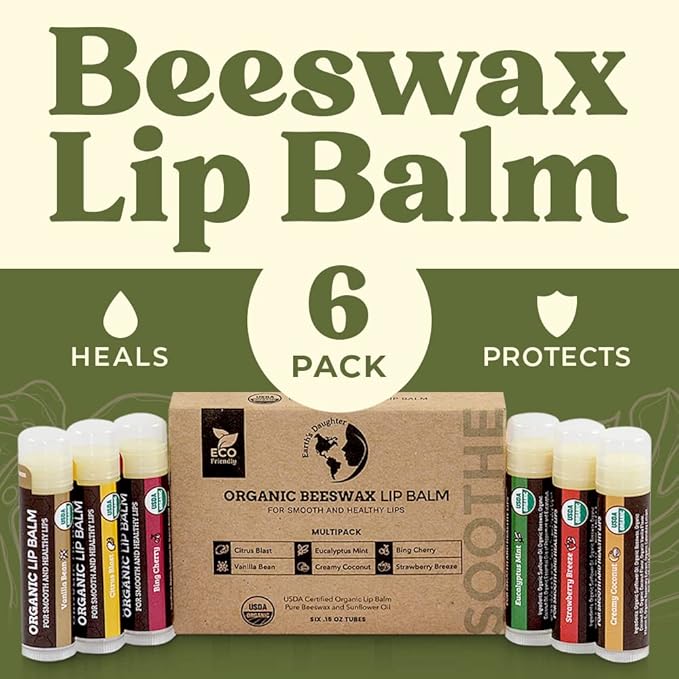 USDA Organic Lip Balm 6-Pack by Earth's Daughter - Fruit Flavors, Beeswax, Coconut Oil, Vitamin E - Best Lip Repair Chapstick for Dry Cracked Lips - Moisturizing Lip Care-VivaGrace Women