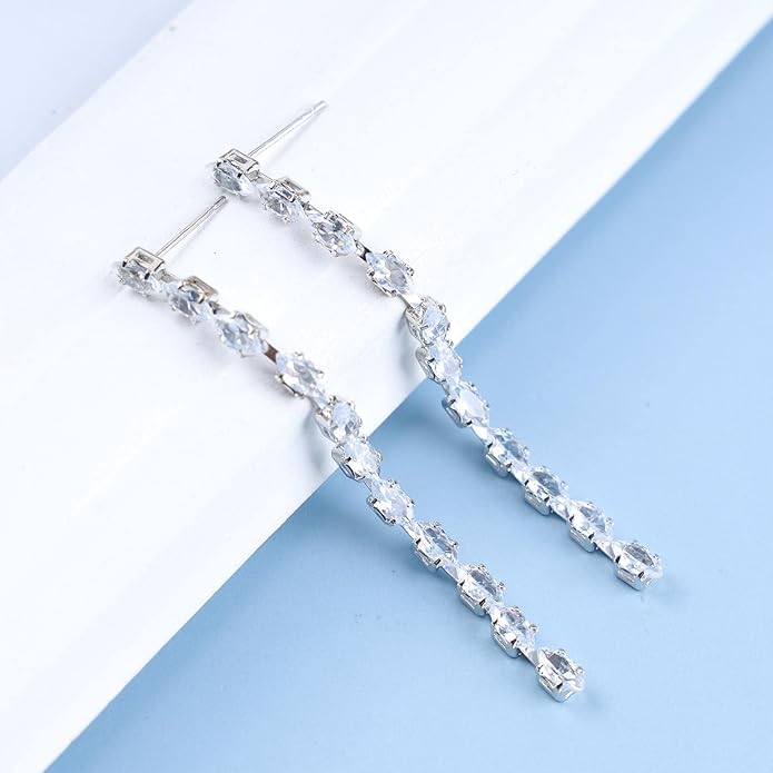 Vintage Rhinestone Chain Drop Earrings Silver Linear Crystal Earrings Sparkle Cz Tassel Earrings Long Cz Chain Stud Earrings Jewelry for Women and Girls-VivaGrace Women