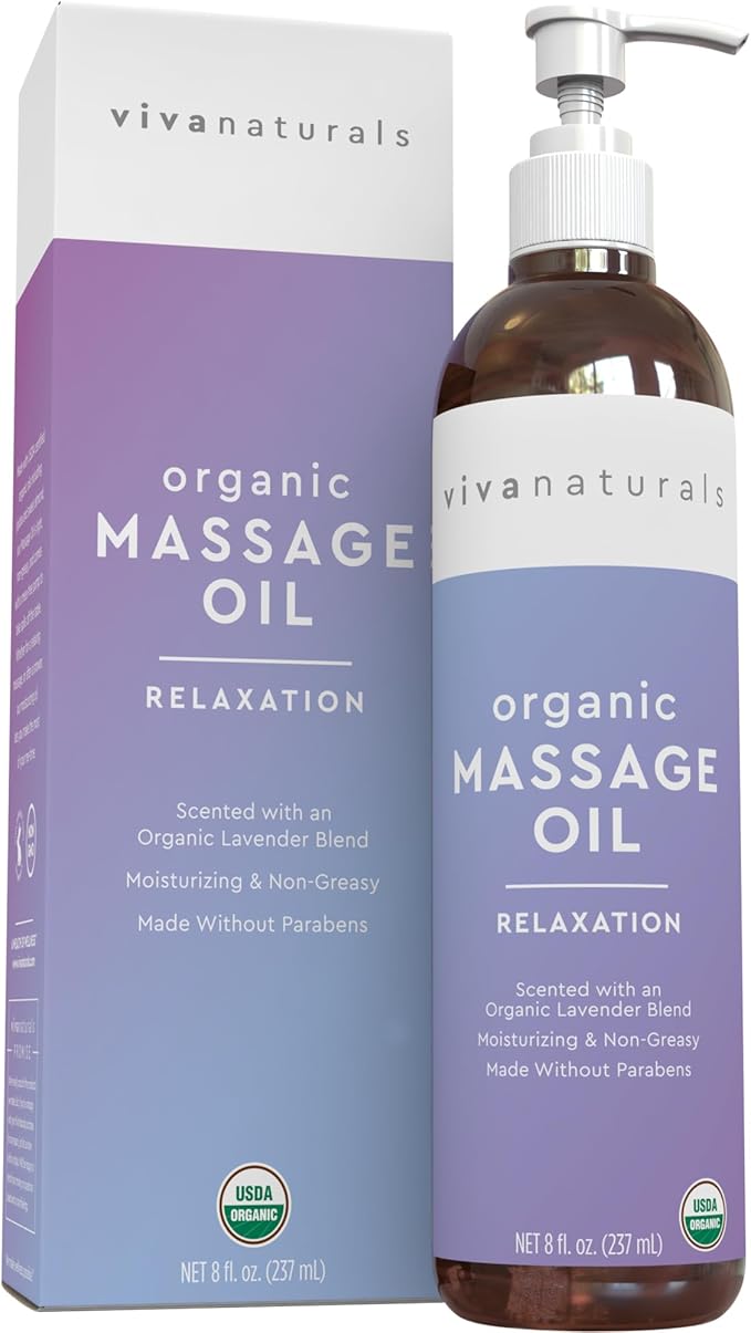 Viva Naturals Organic Massage Oil (8 fl. oz.) - Lavender Scented Non-Greasy Body Massage Oil with Mess-Free Pump, Moisturizing Massage Oils for Massage Therapy, Non-GMO and Certified Organic, 237 mL-VivaGrace Women