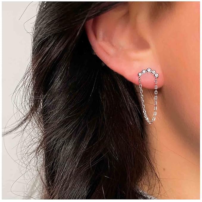 Boho Rhinestone Circle Studs Earrings Silver Cz Hoop Drop Earrings Circle Tassel Dangle Earrings Drop Chain Earrings Jewelry for Women and Girls Gifts-VivaGrace Women