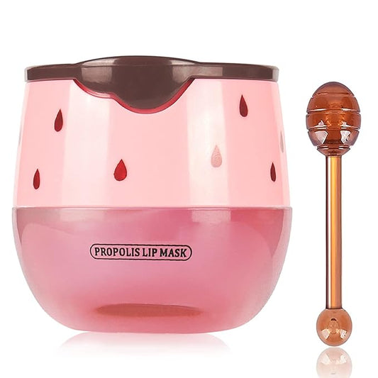 Strawberry Sleeping Lip Mask,Bee Lip Balm Lip Mask Honey Pot Propolis Moisturizing Lip Balm with Stick,Plumping Lip Hydrating Prevention Dry& Cracked Lip Scrubs Exfoliato Lip Wrinkle Care(Strawberry)-VivaGrace Women