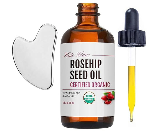 Kate Blanc Cosmetics Rosehip Oil for Face with Stainless Gua Sha (1oz, Organic, Pure, Cold Pressed) Rosehip Seed Face Oil for Gua Sha Massage-VivaGrace Women