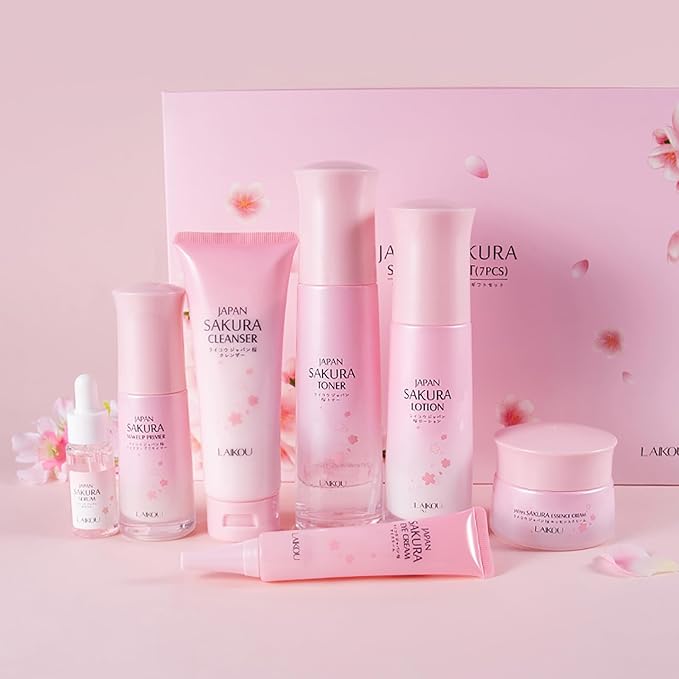 Skin Care Set JAPAN SAKURA Beauty Gift Sets Skin Care Kit with Cleanser, Toner, Lotion, Serum, Eye Cream, Face Cream, Make up Primer Travel Kit for Women Wife Mom 7pcs-VivaGrace Women
