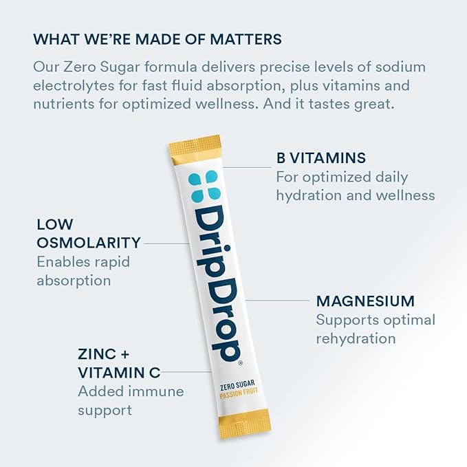 DripDrop Sugar Free Hydration Packets - Zero Passion Fruit - Single Serve Electrolytes Powder Drink Mix - Non-GMO, Gluten Free, Vegan - 32 Sticks-VivaGrace Women