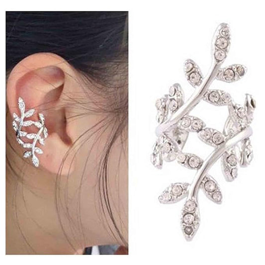 Boho Cz Leaf Ear Cuff Earrings Silver Ear Crawler Earrings Paved Rhinestone Cartilage Cuff Earrings Non Piercing Ear Cuff Wrap Earrings Jewelry for Women and Girls Gifts-VivaGrace Women
