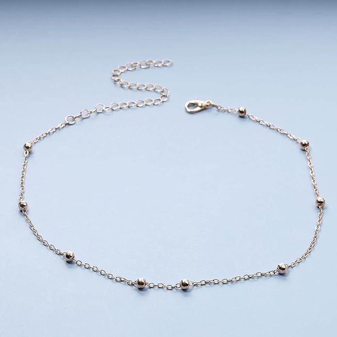 Boho Thin Beaded Choker Necklace Gold Station Ball Necklace Short Satellite Chain Necklace Everyday Minimalist Necklace Jewelry for Women and Girls-VivaGrace Women