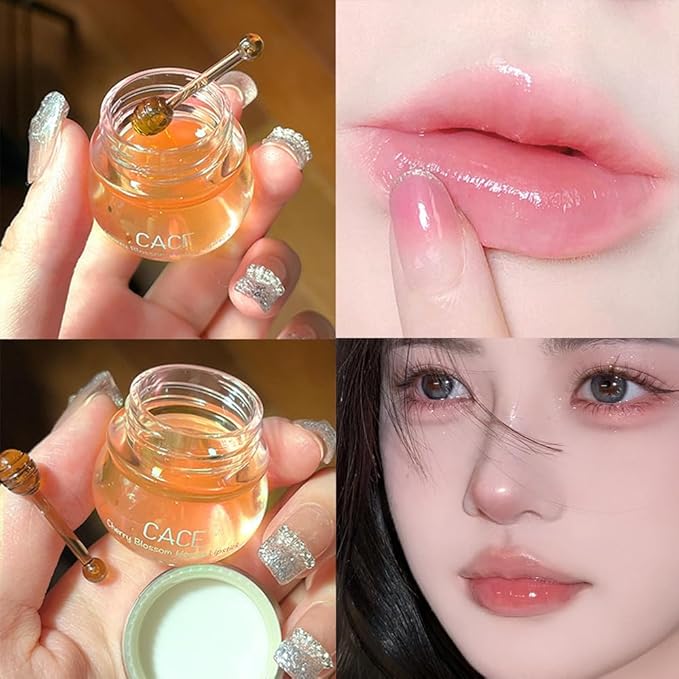 Moisturizing Cherry Blossom Honey Lip Oil Lipsticks,Hydrating Propolis Lip Sleeping Mask,Cherry Lip Balm Honey Pot Lip Mask, Prevent Dry&Cracked, Nourishing Repair Dry Crack Lipblam Lips Care-VivaGrace Women
