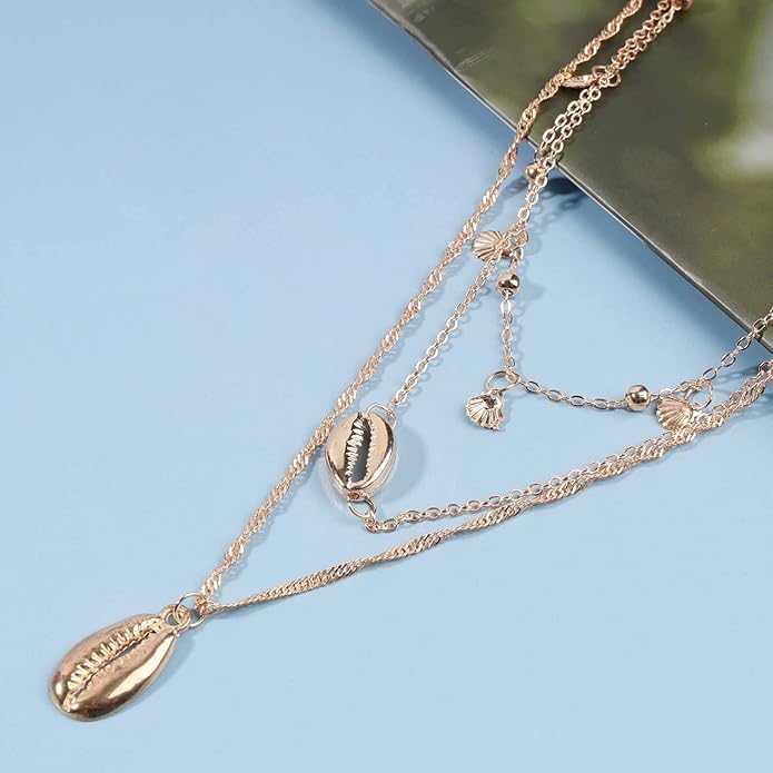 Boho Coin Disc Necklace Choker Gold Layered Shell Pendant Necklace Vintage Seashell Necklace Retro Singapore Chain Necklace Jewelry for Women Gifts-VivaGrace Women