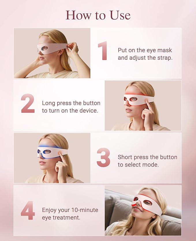 Red Light Therapy for Eyes, Wireless Under-Eye Red Light Therapy Mask with Timing Function, 3 Modes with Near-Infrared, Rechargeable Mask for Home Skincare-VivaGrace Women