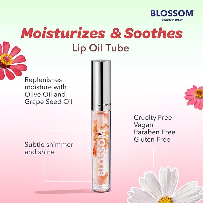Blossom Moisturizing and Hydrating Shimmer Sparkle Lip Oil with Olive Oil + Grape Seed Oil, Infused with Real Flowers, 6g, Holiday Stocking Stuffer, 2 pack, Coconut/Watermelon-VivaGrace Women