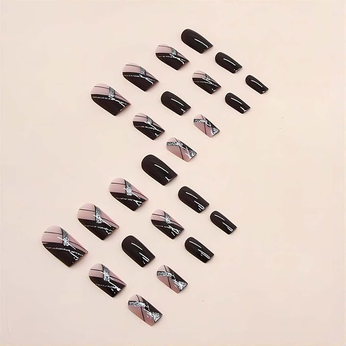 Acrylic Press on Nails Medium Square Fake Nails with Glue Wine Red Fake Nails with Designs Glitter Lines Nail Press ons Glossy Artificial Nails Holiday Nails Stick on Nails for Women 24Pcs