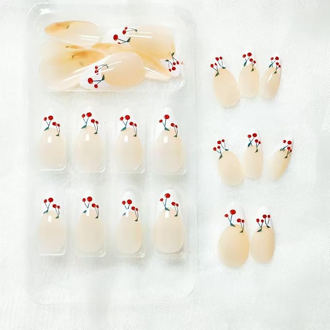 French Tip Almond White Fake Nails with Cherry Design - Nude Full Cover Cute False Reusable Artificial Acrylic Nails for Women & Girls - 24pcs