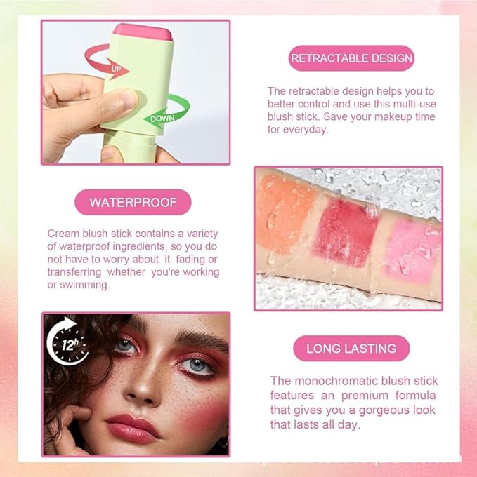 Cream Blush Stick, Blush Beauty Wand for Cheek and Lip Tint with Long Lasting Hydrating Formula, Waterproof Vegan Solid Tinted Moisturizer Matte Blush Stick for Cheeks and Lip Pink(03#)-VivaGrace Women