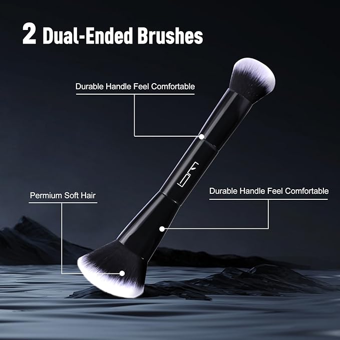 2Pcs Duo End Makeup Brushes, Foundation, Powder, Contour, Concealer, eye makeup Brush, Double-ended Multi-functional Synthetic Cosmetic Tools Makeup Brushes(Black)-VivaGrace Women