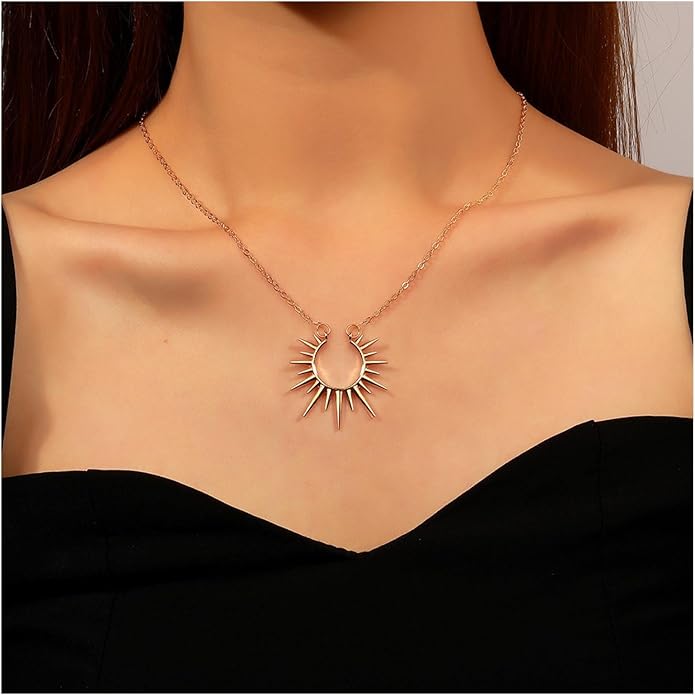 Vintage Sunburst Pendent Necklace Hollow Sunburst Necklace Moonstone Gold Sun Choker Necklace Open Sunburst Necklace Jewelry for Women (Gold)-VivaGrace Women