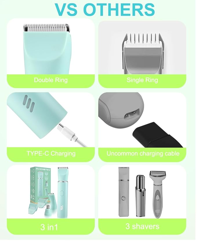 Bikini Trimmer for Women,2-in-1 Painless Electric Razors & Shaver Nose,IPX7 Waterproof,Body Hair Trimmer for Underarm/Pubic/Nose/Legs,USB-C Rechargeable Women's Grooming Kit (Mint Green)-VivaGrace Women
