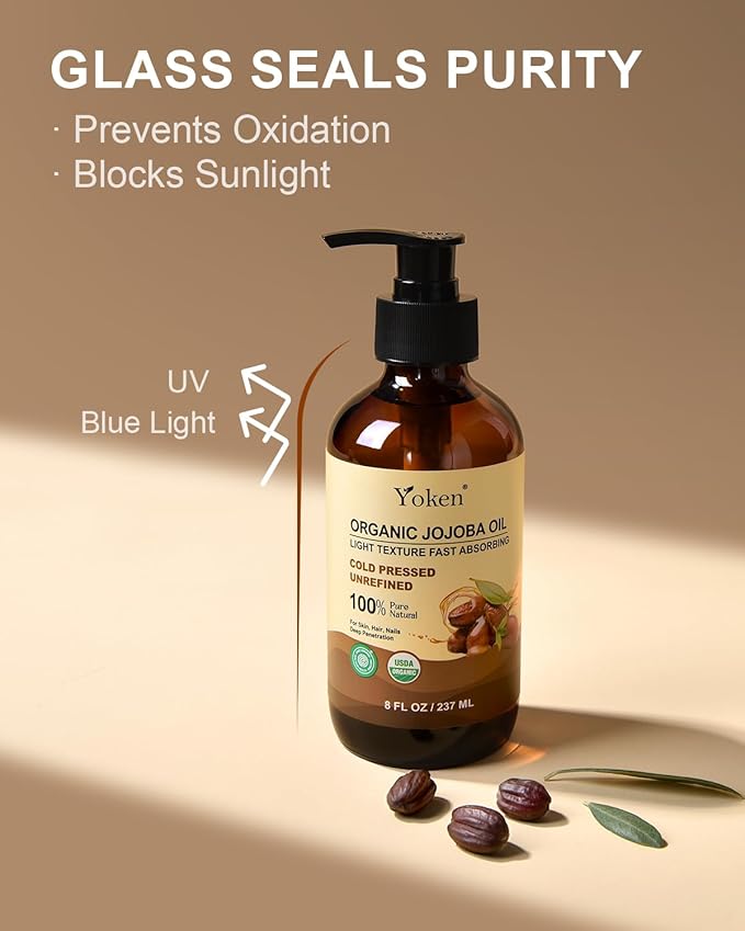 Yoken Organic Jojoba Oil Glass Bottle 8 fl oz, USDA Certified 100% Pure & Natural Jojoba Oil for Hair, Skin & Face, Cold Pressed Unrefined Hexane Free, Deeply Moisturizing Body Serum Oils for Gua Sha-VivaGrace Women