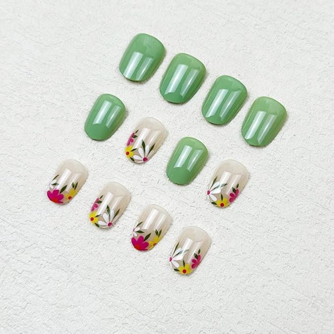 Green Press on Nails Short Almond Fake Nails with Colorful Flower Design Glossy Nude False Nails Spring Glue on Nails Cute Full Cover Reusable Summer Stick on Nails for Women Girls Manicure 24pcs