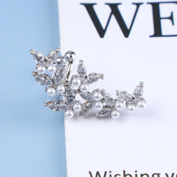 Vintage Crystal Pearl Ear Cuff Earrings Rhinestone Butterfly Cuff Wrap Earrings Cz Butterfly Ear Climber Cuff Earrings Silver Pearl Cz Non Piercing Earring Jewelry for Women(Left)-VivaGrace Women