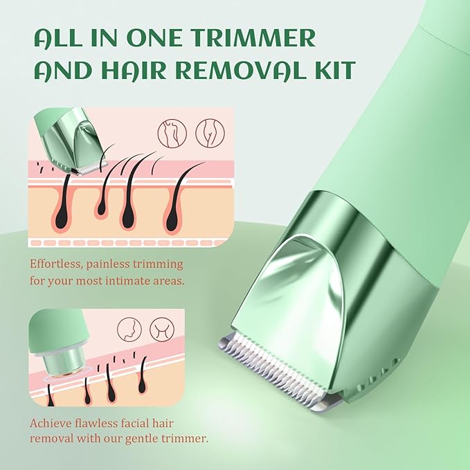 SUPRENT Bikini Trimmer Women - Painless Ladies Hair Removal - Waterproof Wet & Dry - 2 in 1 Lady Shaver for Pubic & Facial Hair - Cordless Electric Razor with USB-C Rechargeable - Green-VivaGrace Women