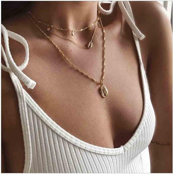Boho Coin Disc Necklace Choker Gold Layered Shell Pendant Necklace Vintage Seashell Necklace Retro Singapore Chain Necklace Jewelry for Women Gifts-VivaGrace Women
