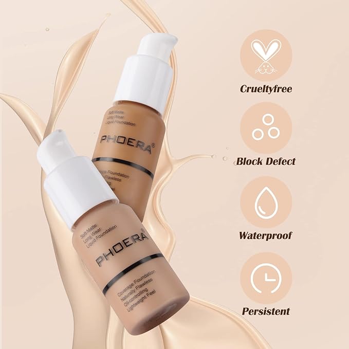 PHOERA Foundation Makeup Naturally Liquid Foundation Full Coverage Mattle Oil-Control Concealer 8 Colors Optional,Great Choice For Gift (#106 Warm Sun,30ml)-VivaGrace Women