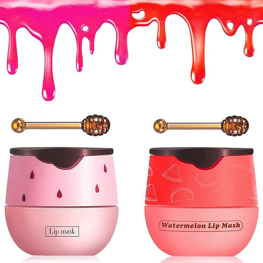 2 PCS Bee Lip Balm Honey Pot, Watermelon & Strawberry Sleeping Lip Mask Overnight, Hydrating Prevention Dry and Cracked Lip Scrub, Reduces Lip Lines, Brightening Lip Color-VivaGrace Women