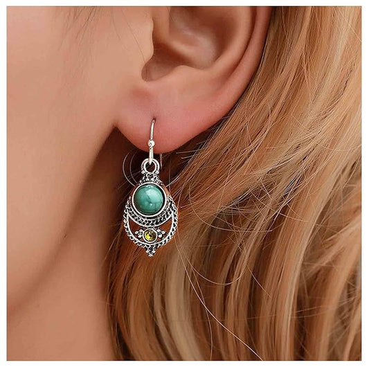 Boho Ethnic Turquoise Drop Earrings Silver Teardrop Turquoise Earrings Gemstone Hook Earrings Retro Drop Dangle Earrings Jewelry for Women and Girls-VivaGrace Women