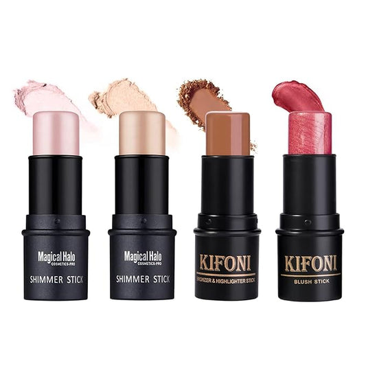 4PCS Contour Stick - Highlighter And Cream Blush Stick 4 Colors Kit - Moisturizer, Face Brightens & Shades Pencil, Facial Shaping Makeup Sticks for Older Women & Mature Skin-VivaGrace Women