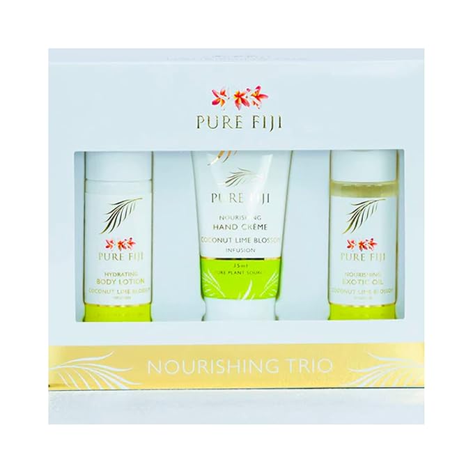 Pure Fiji Nourishing Trio, Ideal Spa Bath Gift Set for Women - Travel Kit - Includes Exotic Body Oil , Hydrating Body Lotion For Women and Nourishing Hand Cream, Coconut Lime Blossom Scent-VivaGrace Women