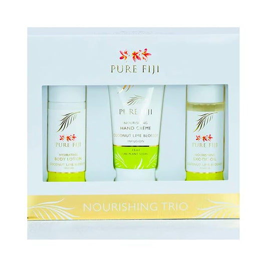 Pure Fiji Nourishing Trio, Ideal Spa Bath Gift Set for Women - Travel Kit - Includes Exotic Body Oil , Hydrating Body Lotion For Women and Nourishing Hand Cream, Coconut Lime Blossom Scent-VivaGrace Women