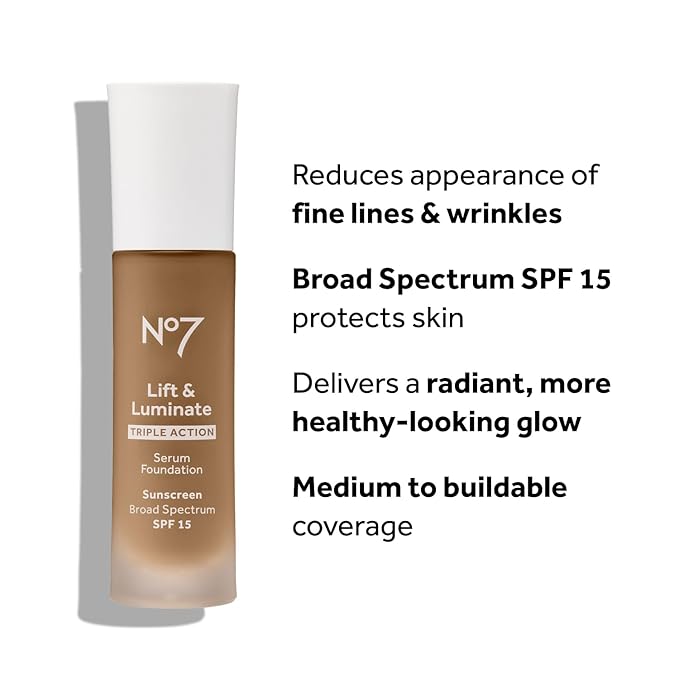 No7 Lift & Luminate Triple Action Serum Foundation - Warm Ivory - Liquid Foundation Makeup with SPF 15 for Dewy, Glowy Base - Radiant Serum Foundation for Mature Skin (30ml)-VivaGrace Women