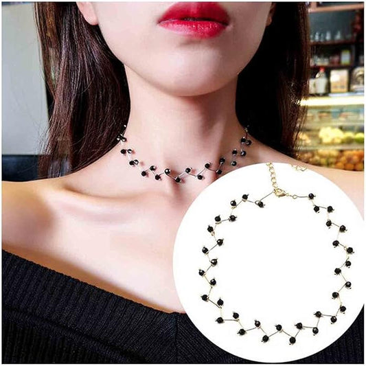 Black Crystal Choker Necklace Short Black Beaded Choker Necklace Silver Chain Necklace Minimalist Necklace Jewelry for Women and Girls-VivaGrace Women