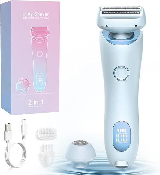 Livora Electric Shaver for Women, 2 in 1 Wet & Dry Bikini Trimmer with 2 Removable Heads, The Glide Pro 3.0 Razor, Painless Hair Removal for Bikini, Legs, Underarms, Body (Blue)-VivaGrace Women