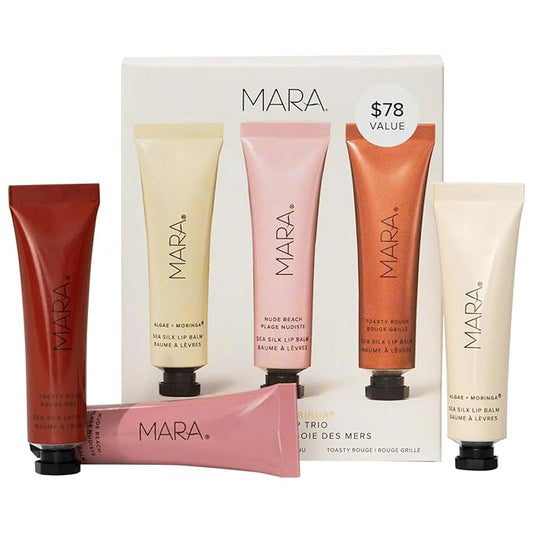 MARA - Sea Silk Lip Balm Trio | Non-Toxic, Plant-Based Skin Care, Hypoallergenic | Moisturize, Plump + Soothe Dry, Chapped Lips | Clear, Nude Beach, & Toasty Rouge (3 Piece Set)-VivaGrace Women
