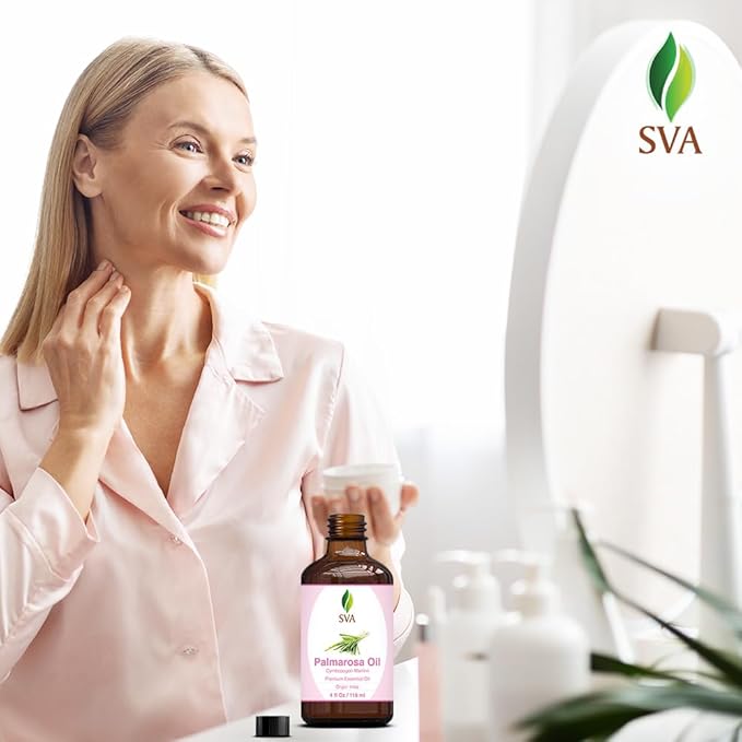 SVA Palmarosa Essential Oil – 4 Fl Oz – 100% Natural Palmarosa Oil - for Diffuser, Hair Care, Face, Skin Care, Aromatherapy, Scalp and Body Massage, Soap and Candle Making – with Dropper-VivaGrace Women