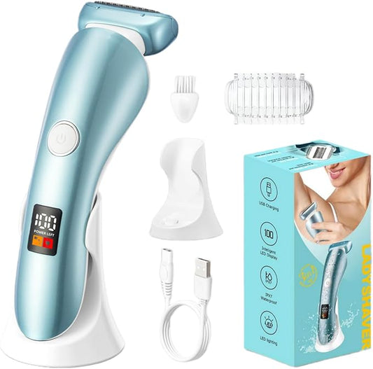 Electric Shaver for Women, Bikini Trimmer Wet & Dry Use, Body Hair Removal, Electric Razors for Leg Armpit Public Painless, Cordless Rechargeable Trimmer, Detachable Head, with LED Light-VivaGrace Women
