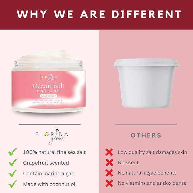 Sea Salt Body Scrub by Florida Suncare - Ocean Salt Body Polish Infused with Marine Algae - Exfoliating Face and Body Scrub - Facial Scrub Exfoliator to Tackle Acne (Grapefruit, 3.3 oz)-VivaGrace Women