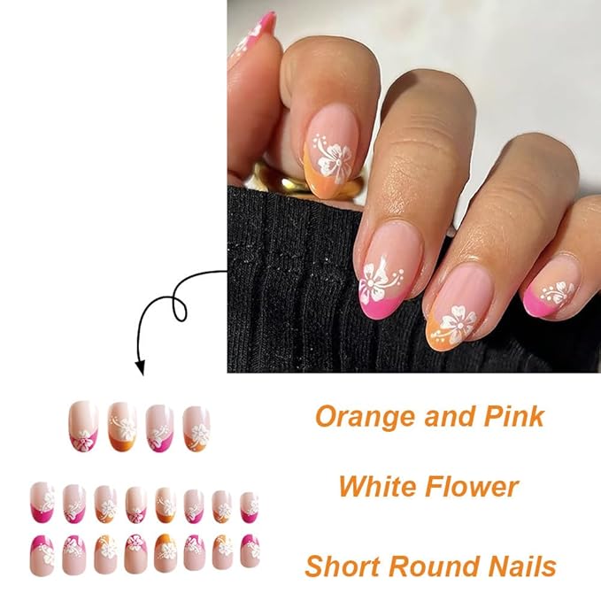Pink Orange French tips Press on Nails Medium Almond Fake Nails with Design White Flower Glue on Nails Glossy Spring Nails Reusable Summer False Nails for Women Girls Manicure 24pcs