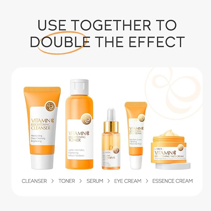 Vitamin C 5-Piece Skincare Set with Cleanser, Toner, Serum, Eye Cream and Face Cream for Skin Brightening skin care set skincare gift set skin care set for Unisex Adult-VivaGrace Women