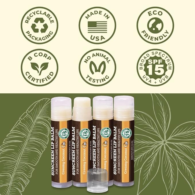 SPF Lip Balm 4-Pack by Earth's Daughter - Lip Sunscreen, SPF 15, Organic Ingredients, Coconut Flavor, Beeswax, Coconut Oil, Vitamin E - Hypoallergenic, Paraben Free, Gluten Free, New-VivaGrace Women