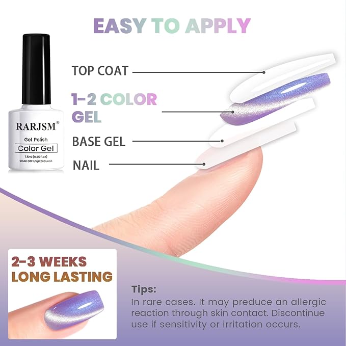 RARJSM Sparkle Diamond Pearl Cat Eye Gel Nail Polish Set 6pcs Velvet Silver Shimmer Pink Green Blue Purple White Glitter Mermaid Swirl Shell Thread Effect with Magnet Stick UV LED Curing Requires-VivaGrace Women