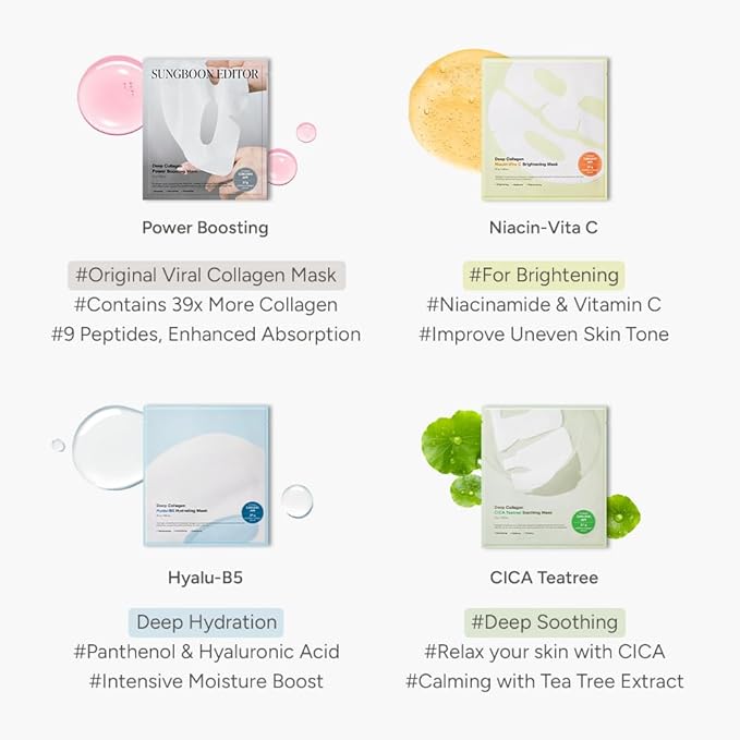 SUNGBOON EDITOR Deep Collagen CICA Tea tree Overnight Mask 37gx4ea | Real Collagen Face Mask with Tea tree & Centella | Acne Face Mask for Calming & Soothing | Korean Skin Care